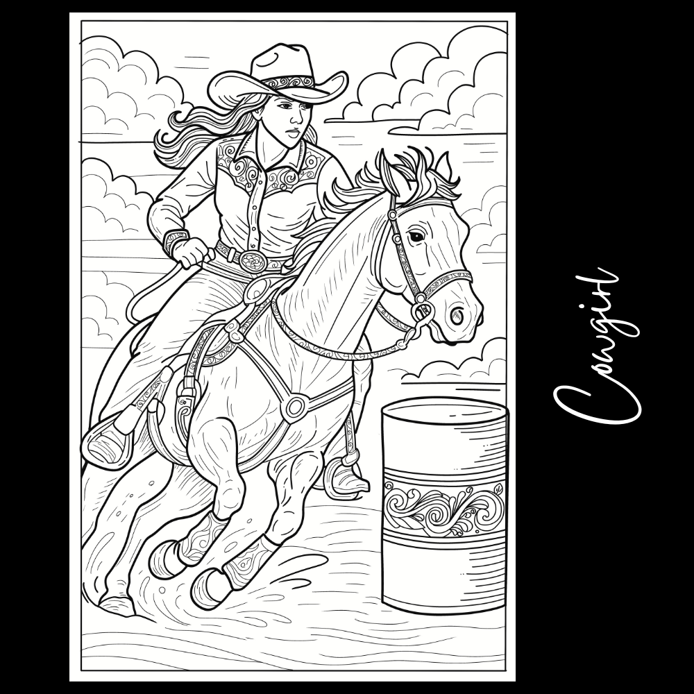 Coloring book page with a cowgirl and horse near a barrel