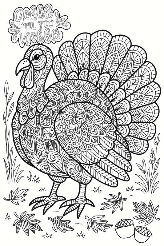 Gobble Til You Wobble – Giant Zen Turkey Coloring Page (24x36") - Tons of Hues