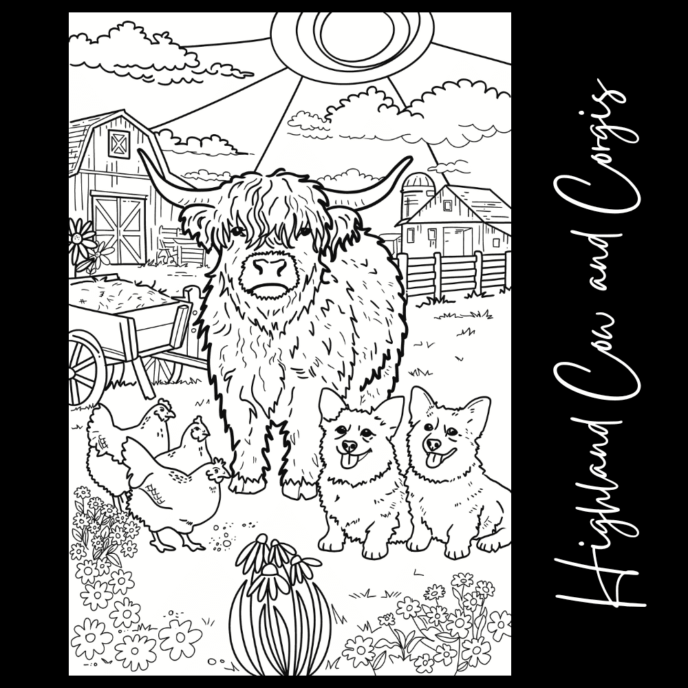 Highland Cow and Corgis – Giant Coloring Page (24x36") - Tons of Hues